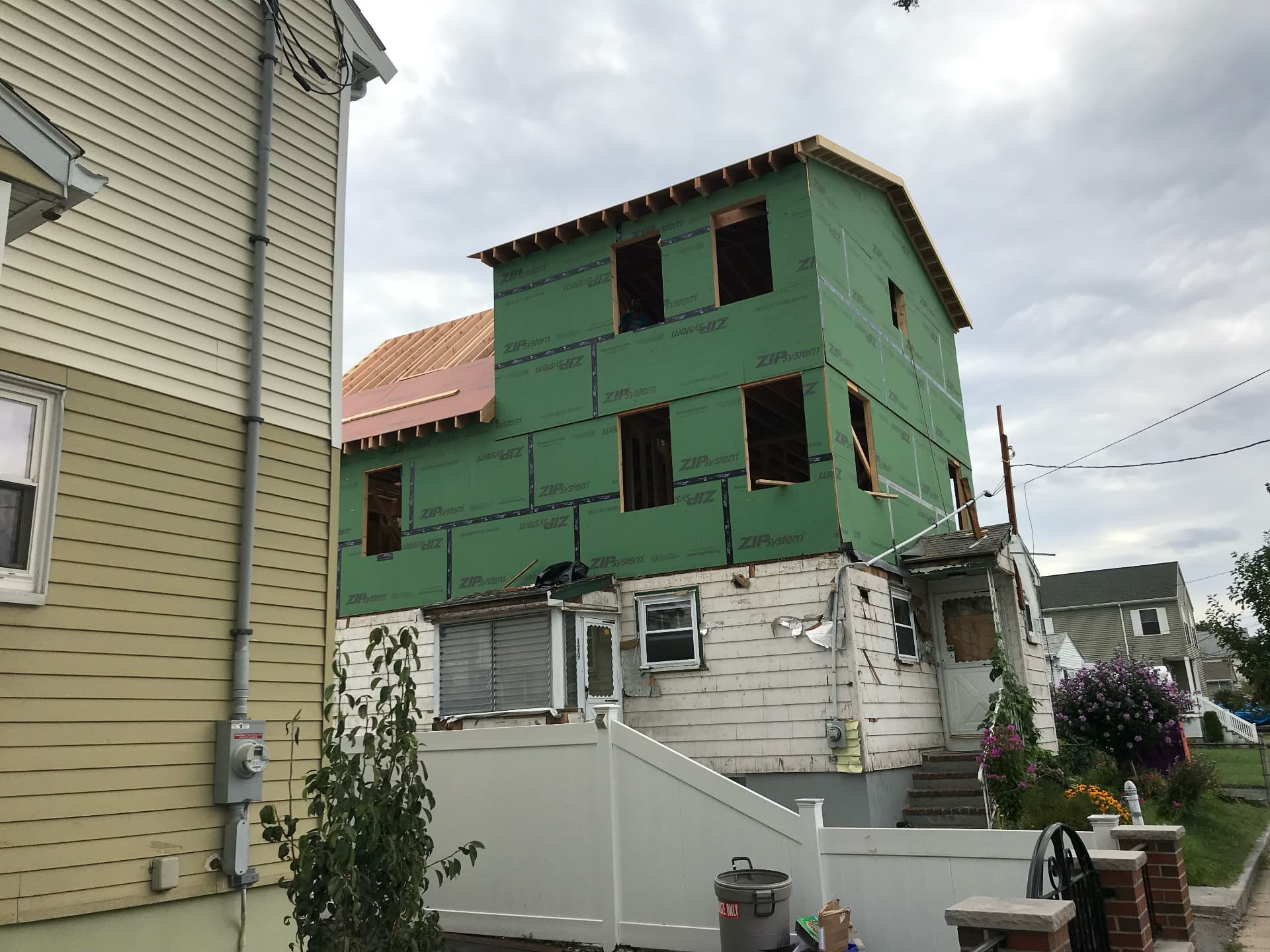 Framed and sheathed second story with window openings cut