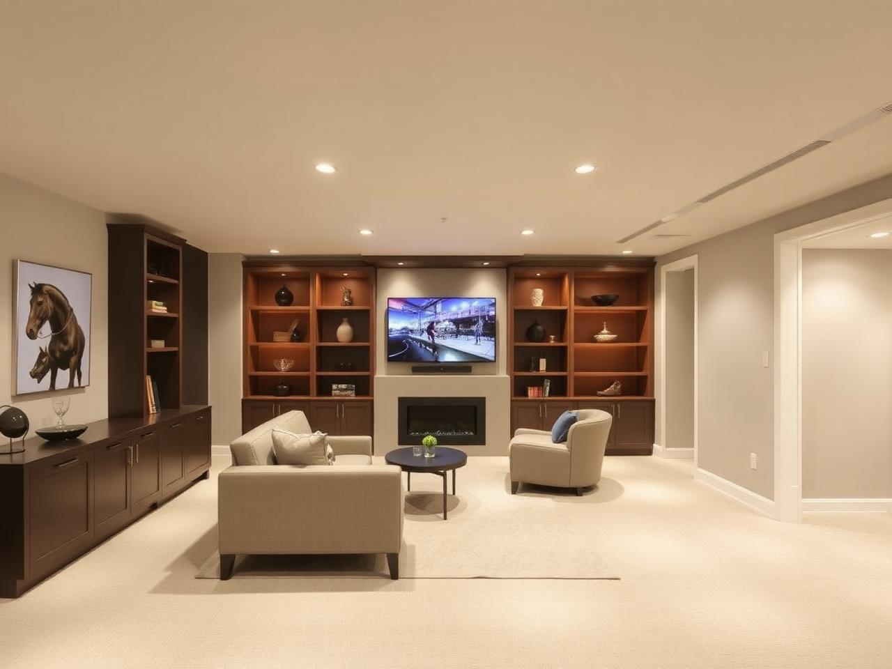 Finished basement living area with built-in shelving and recessed lighting