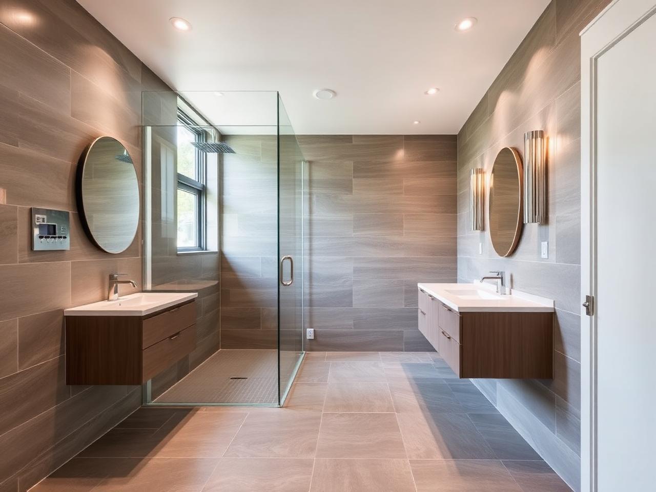 Renovated bathroom with large-format tile and a walk-in glass shower