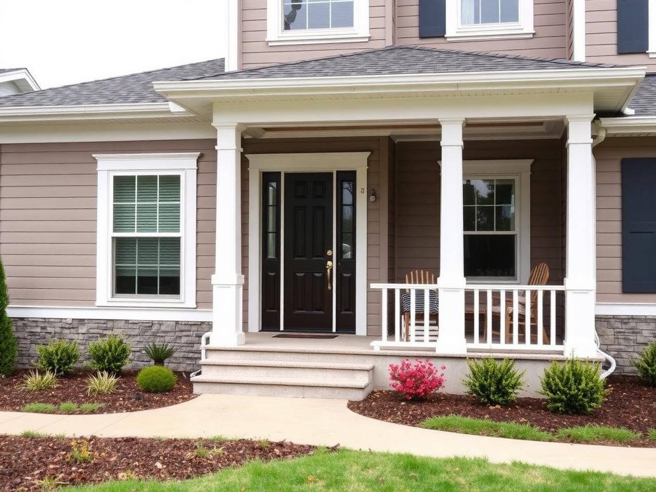 Residential exterior with new siding, trim, and a covered entry porch