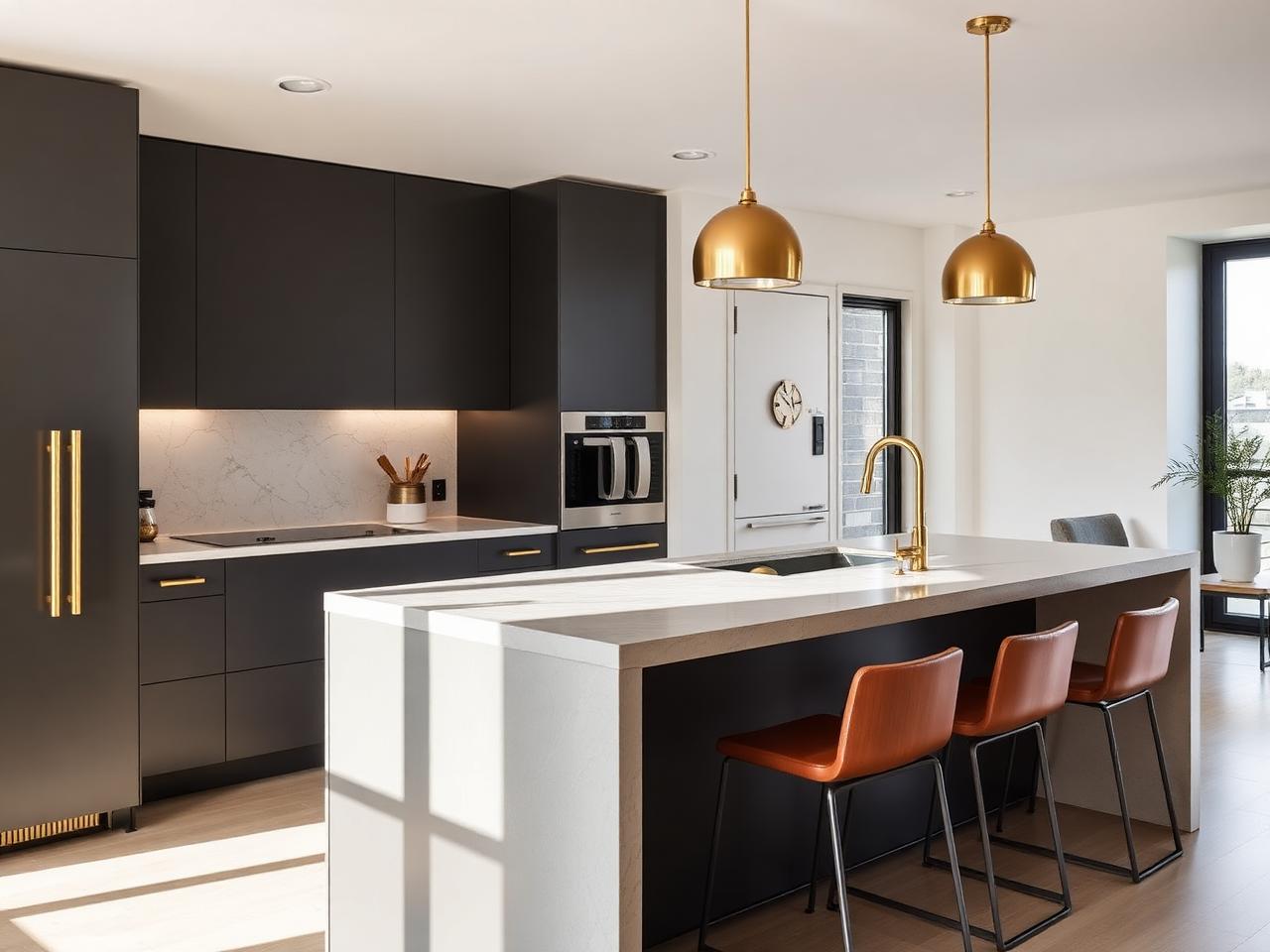 Modern kitchen with a stone island, matte cabinetry, and pendant lighting